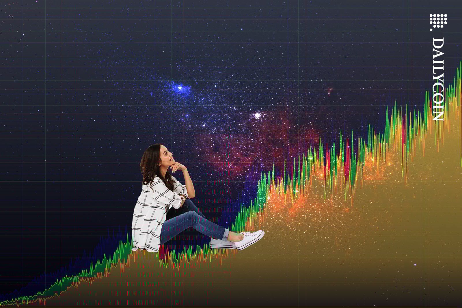 Happy woman sitting on an upwards going chart in space.
