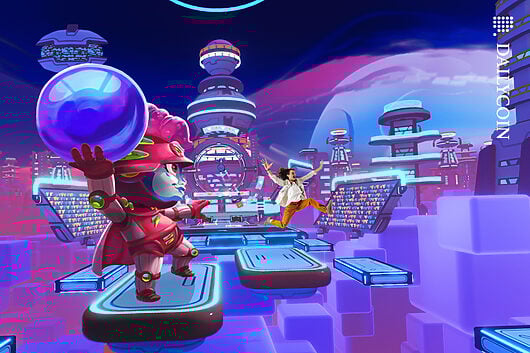 Girl playing in the Cosmic Bomber game, and a a character is trying to hit her with a ball.
