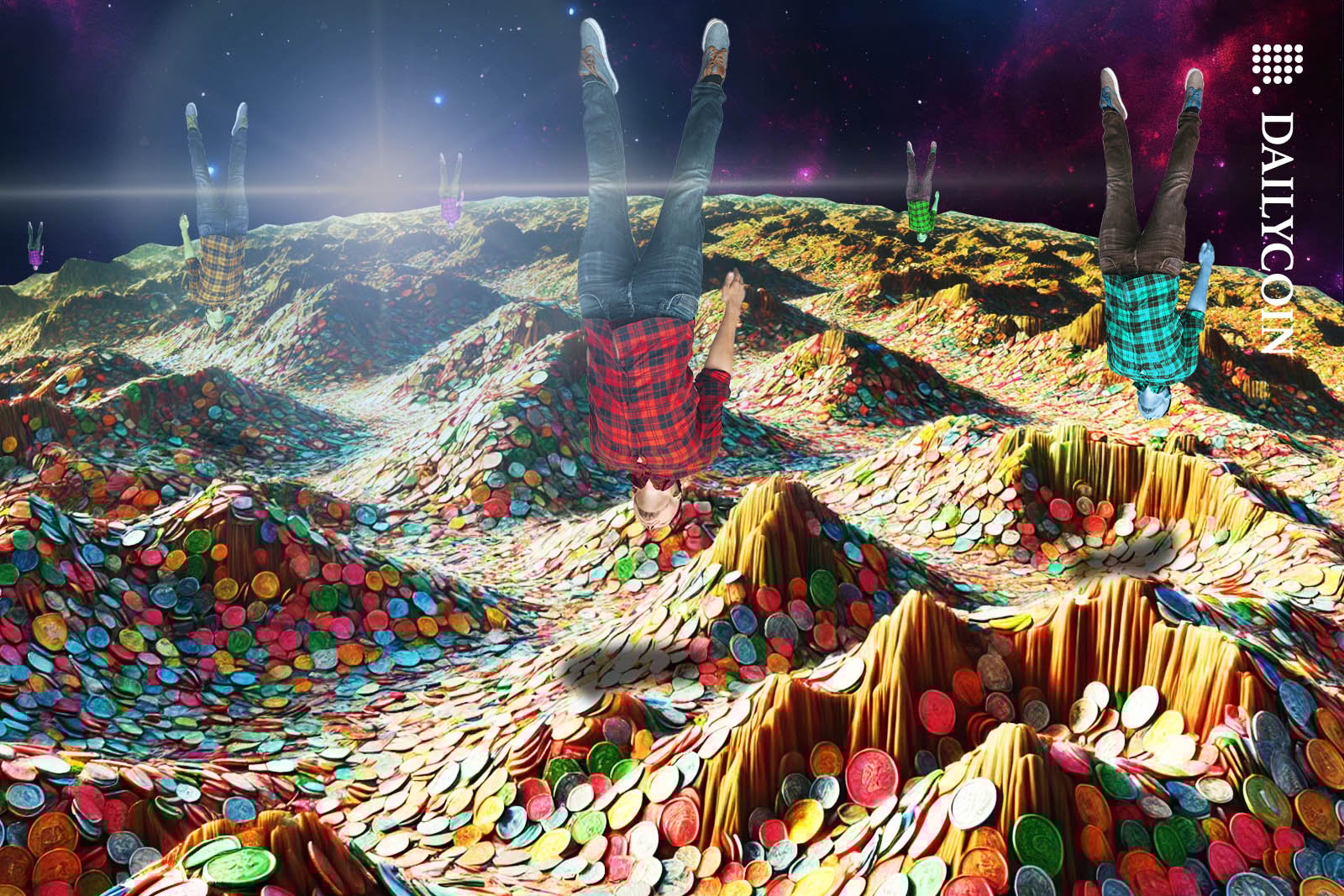 People levitating upside-down above a planet of dead coins.