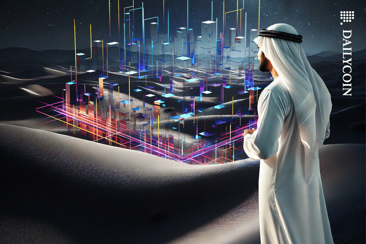 An Arabic man looking at a digital city in a desert from a dune.