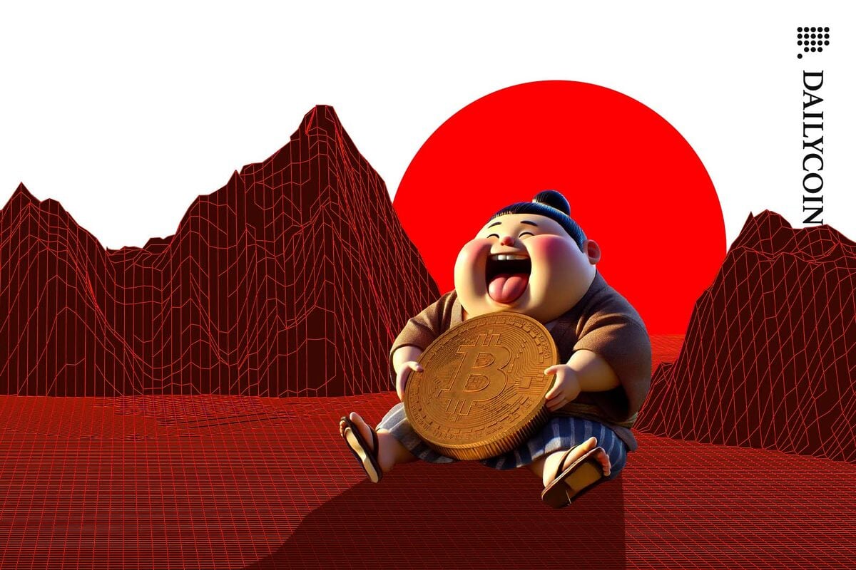 Japanese cartoonish chobby kid eating a Bitcoin in a wireframe landscape.