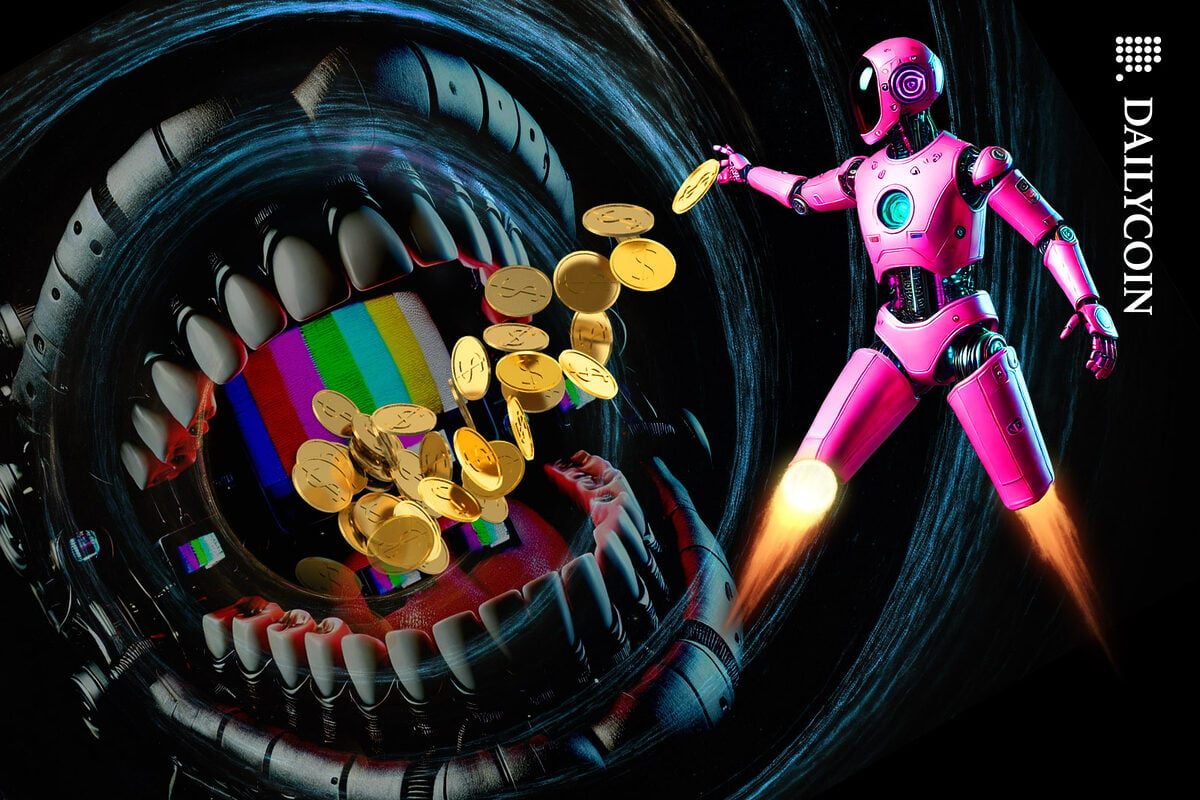 A pink robot throwing money into the mouth of a media monster in space.