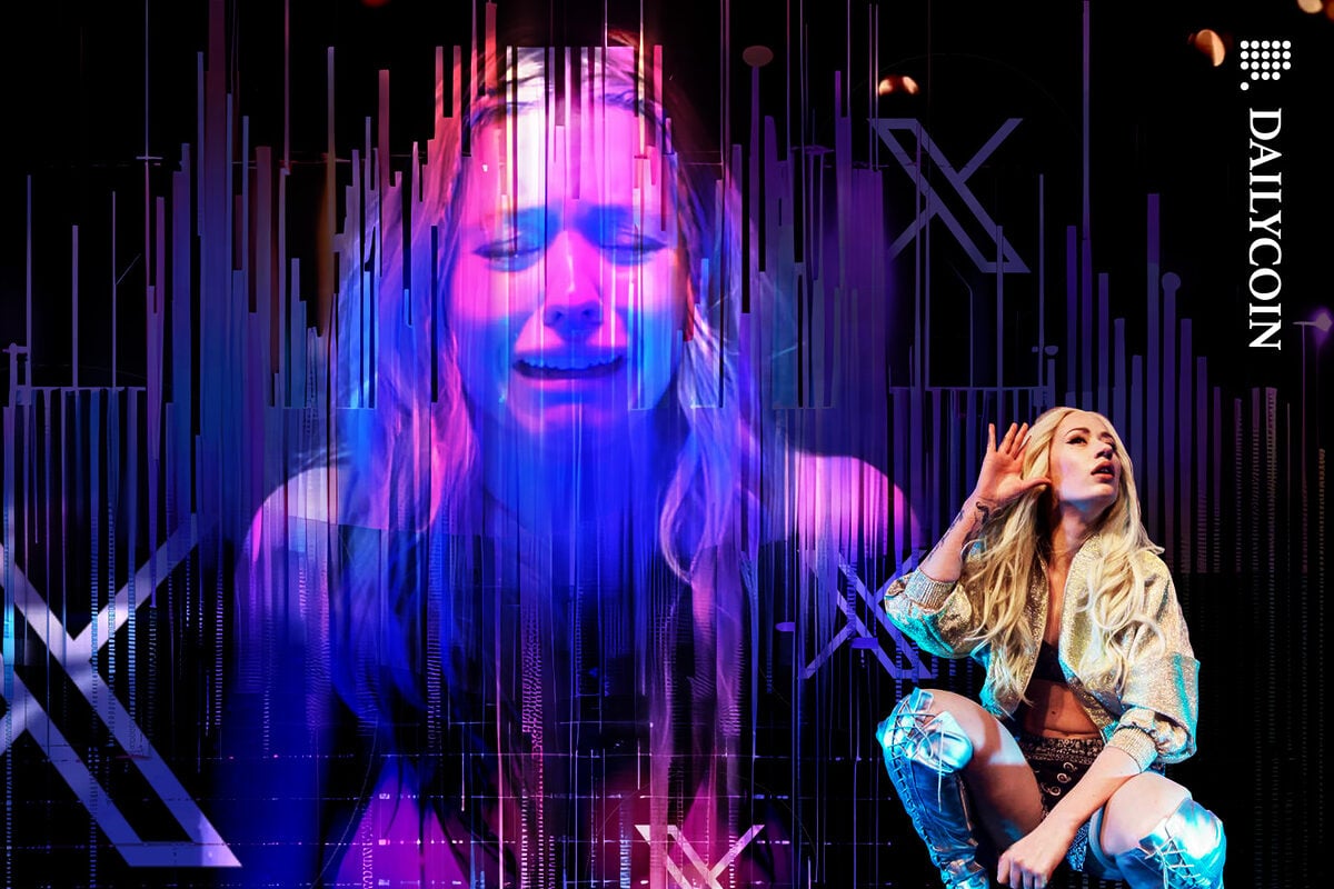 Iggy Azalea posing infont of a glitchy graphical representation of a crying Sydney Sweeney.