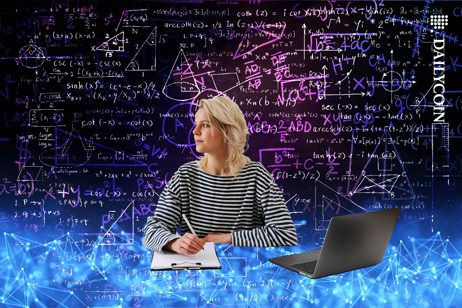 Woman with a laptop and notebook thinking hard, surrounded by mathematical equations and calculations.