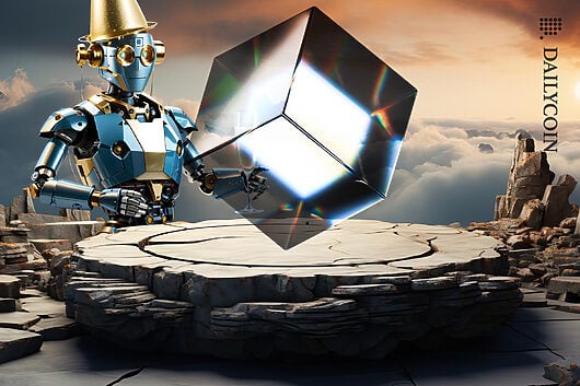 XRP Robot with a party hat and a glass of champagne celebrating a blockchain cube high in the clouds.
