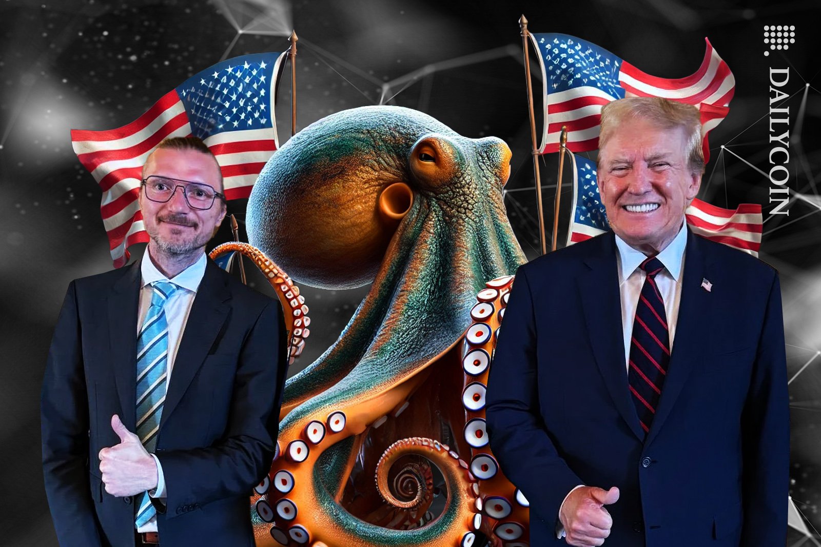 Donald Trump with Kraken and its founder Jesse Powell showing thumbs up.