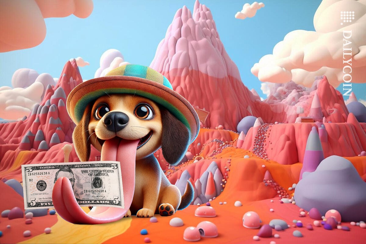 Dog with a hat in dream land teasing you with a Five dollar note on the tip of its tongue.