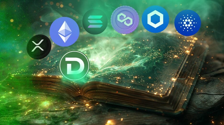 Crypto tokens flying above magic book.