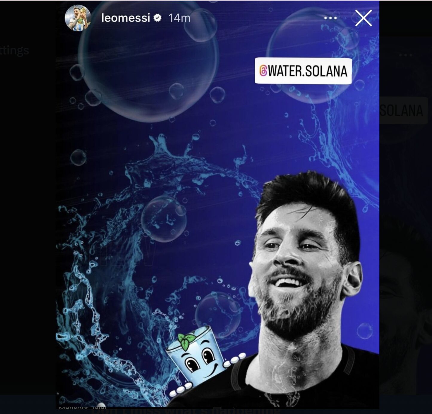 Lionel Messi posts promoting the Solana-based WATER memecoin.