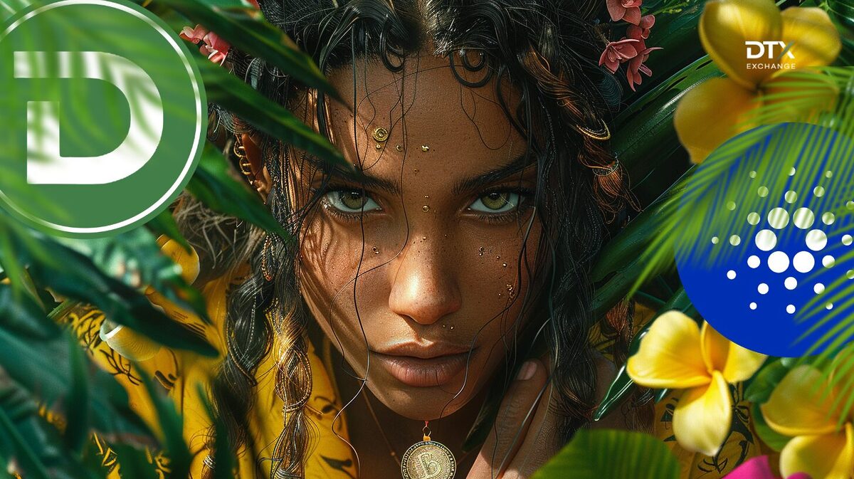 Women hiding behind flowers surounded by crypto tokens.