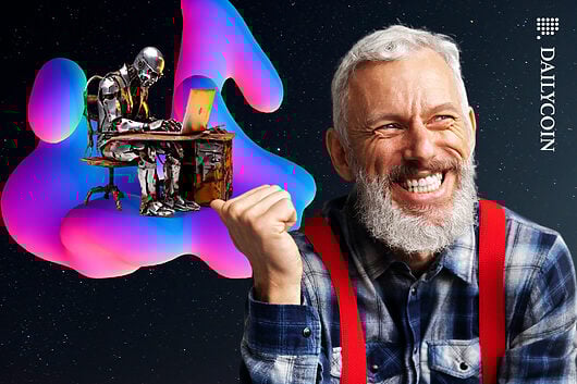 Older guy laughing at the half broken and tore down robot working behind him.