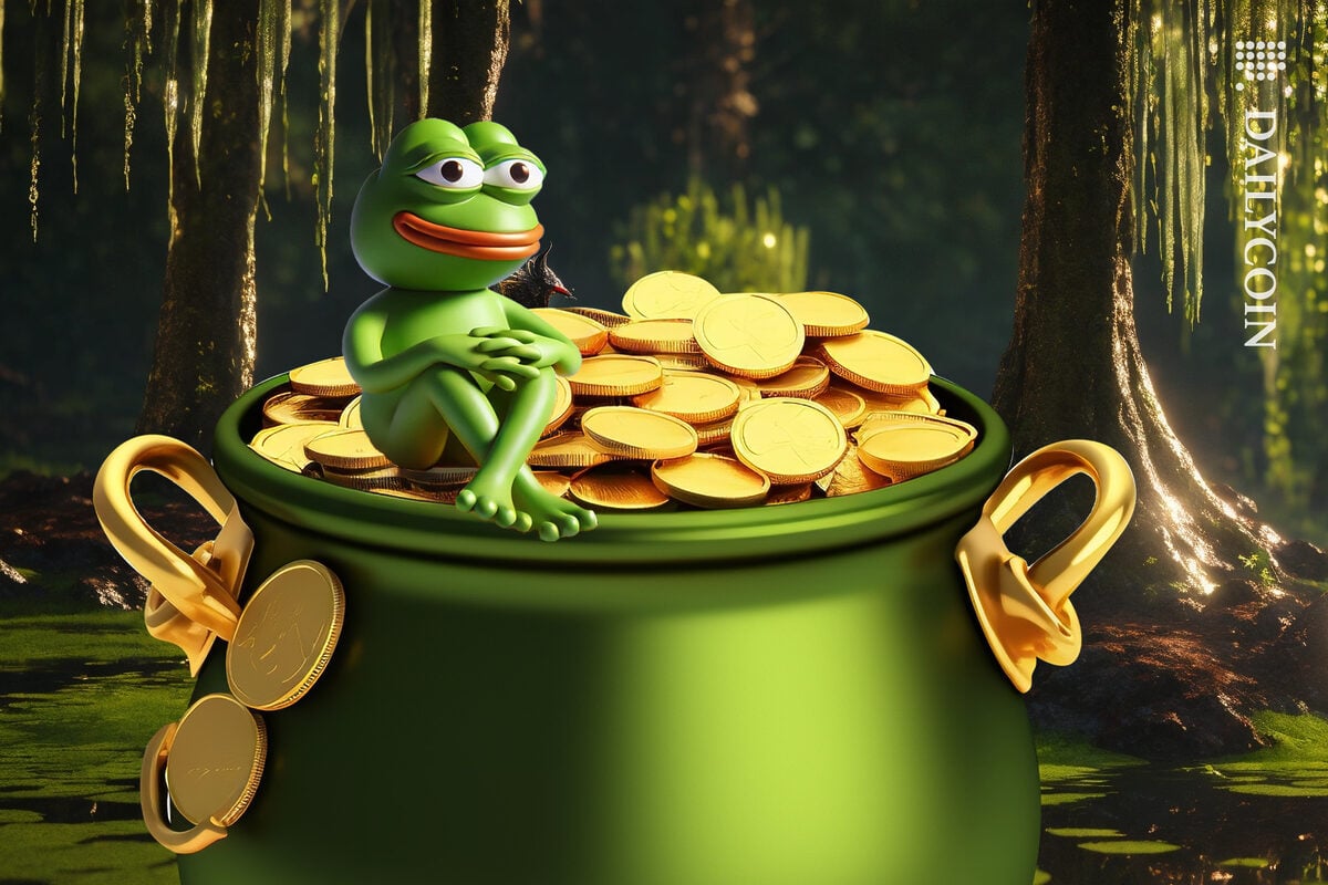 Pepe sitting happy on his pot of coins.