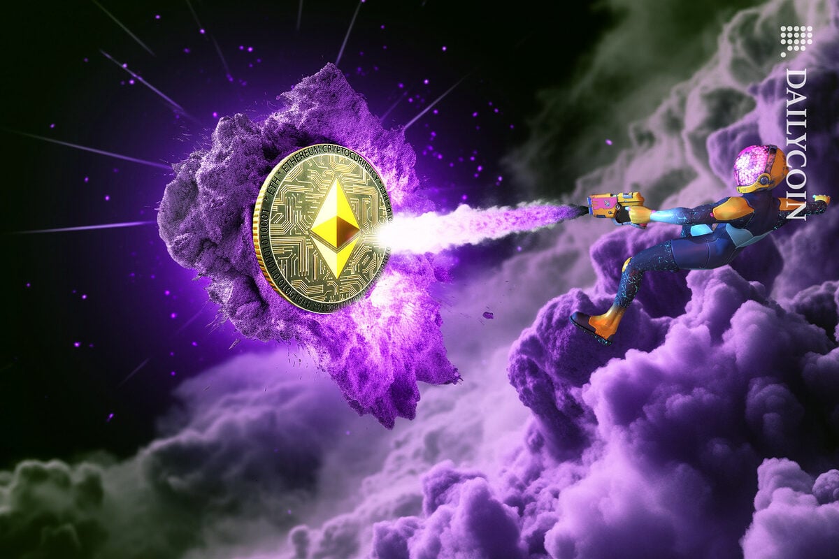 Ethereum taking a hard hit in space, as a spaceman is hitting him.