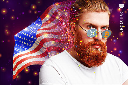 Guy wearing sunglasses with XRP and BTC. Behind him the American flag, glowing with digital particles.