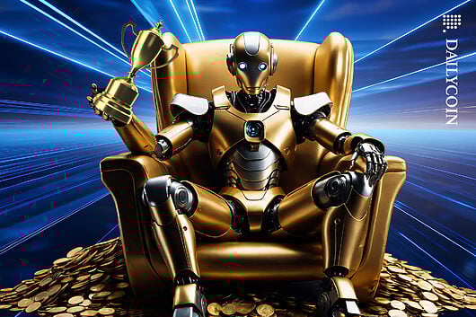 Robot sitting on armchain with coins, holding a trophy.