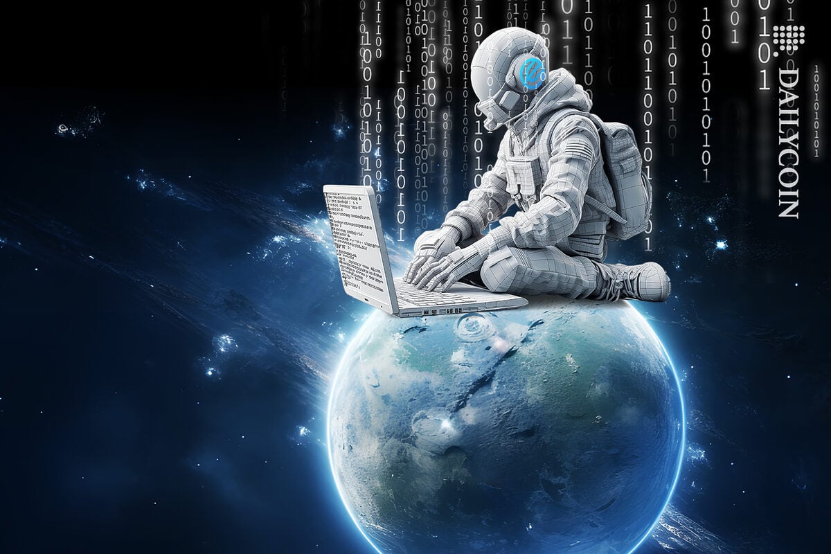 WorldCoin's developer coding sitting on top of the world.