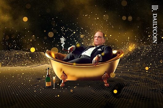 Larry Fink Sitting in a golden bathtub holding a cigar in a wireframe landscape.