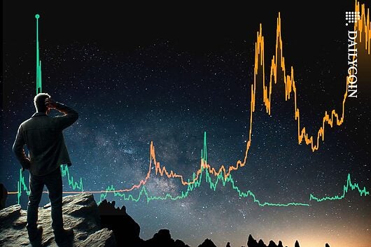 Man Staring at the night sky with two very different charts projected on it.