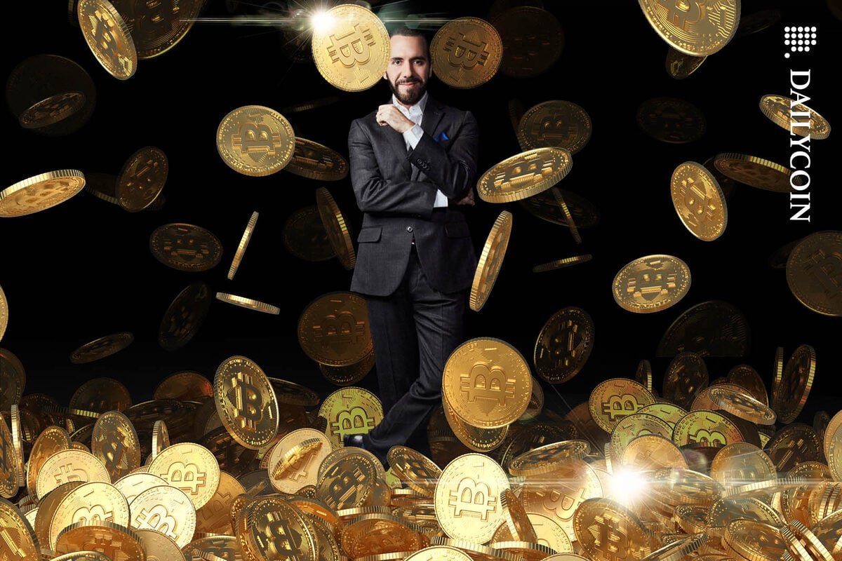 Nayib Bukele smiling confidently as Large bitcoins falling around him.