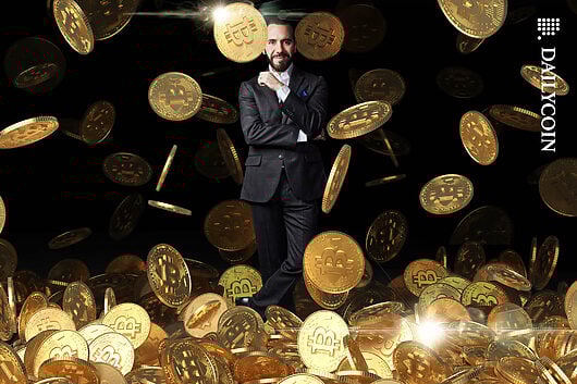 Nayib Bukele smiling confidently as Large bitcoins falling around him.