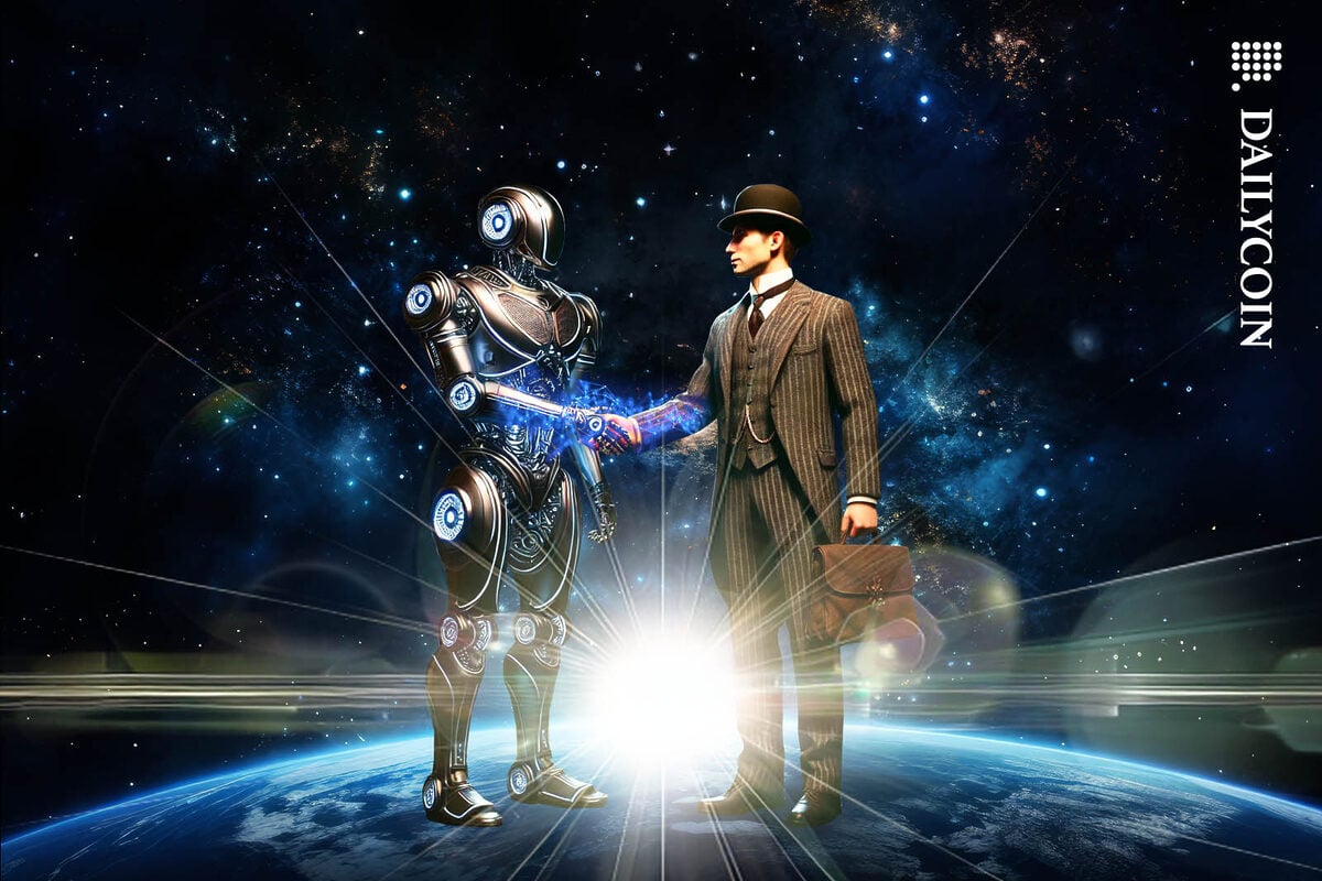 Banker man making a swift deal with XRP crypto robot while standing in space on earth.