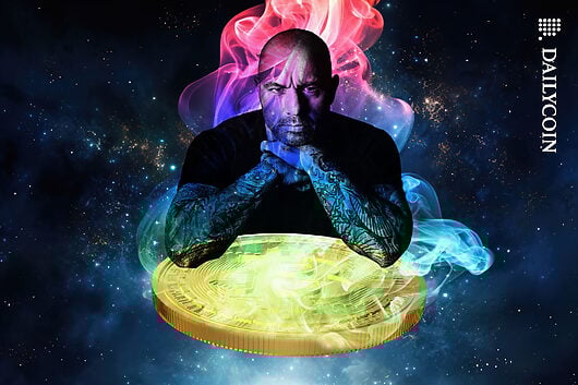 Joe Rogan appearing above in colourful smoke.