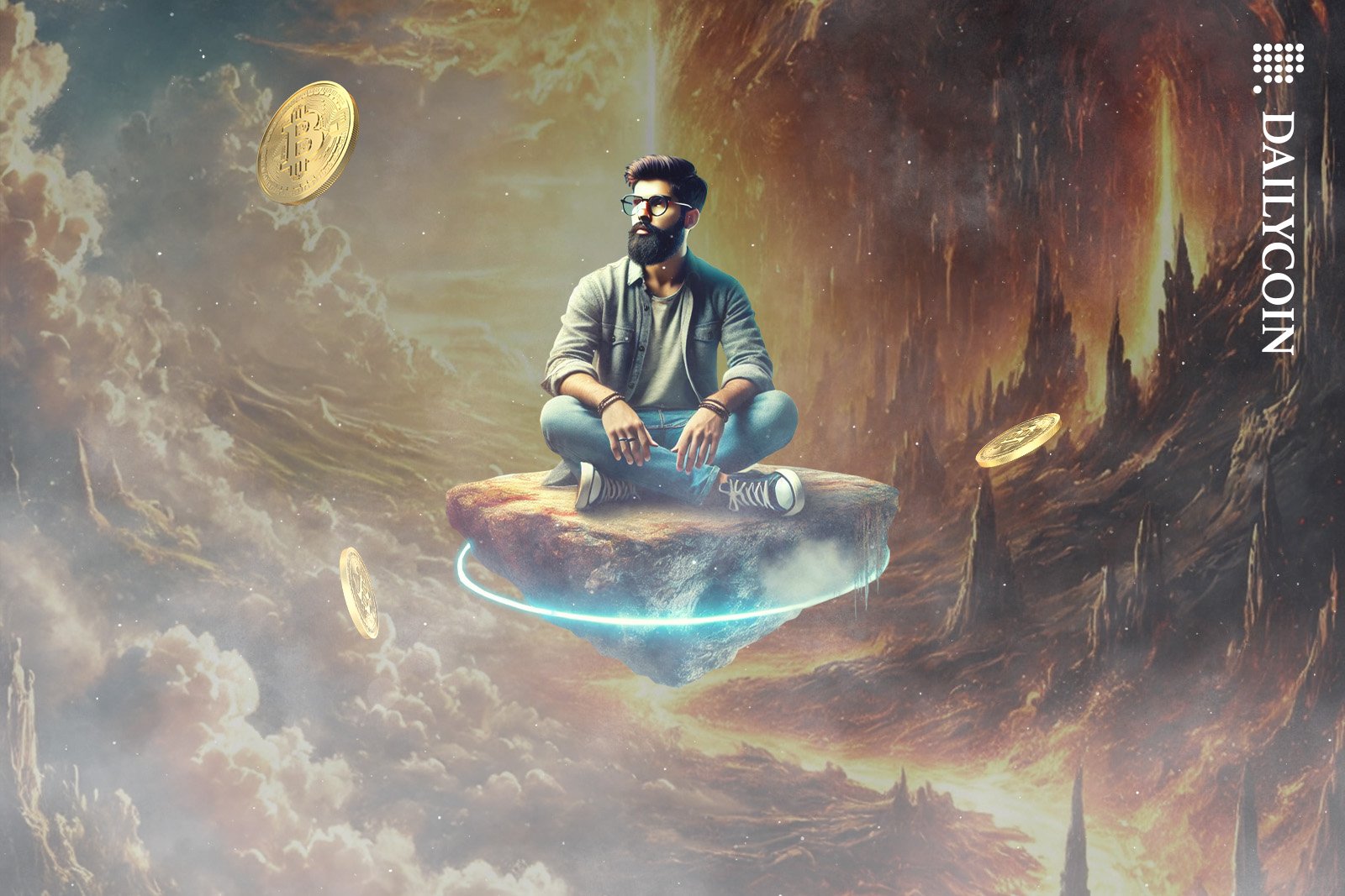 Hipster guy with a beard sitting on a floating rock between heaven and hell with some Bitcoins floating around.