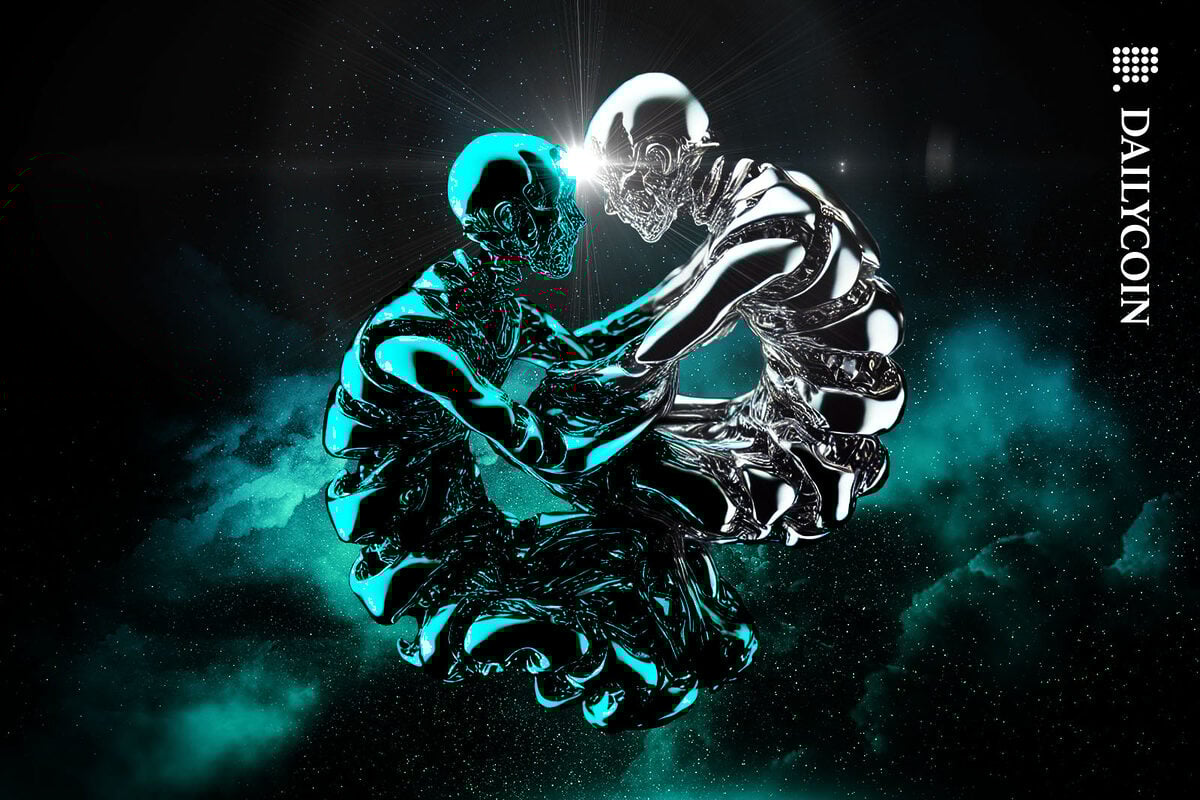 Two liquid metal humanoid robot merging together in space.