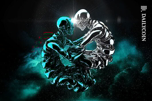 Two liquid metal humanoid robot merging together in space.