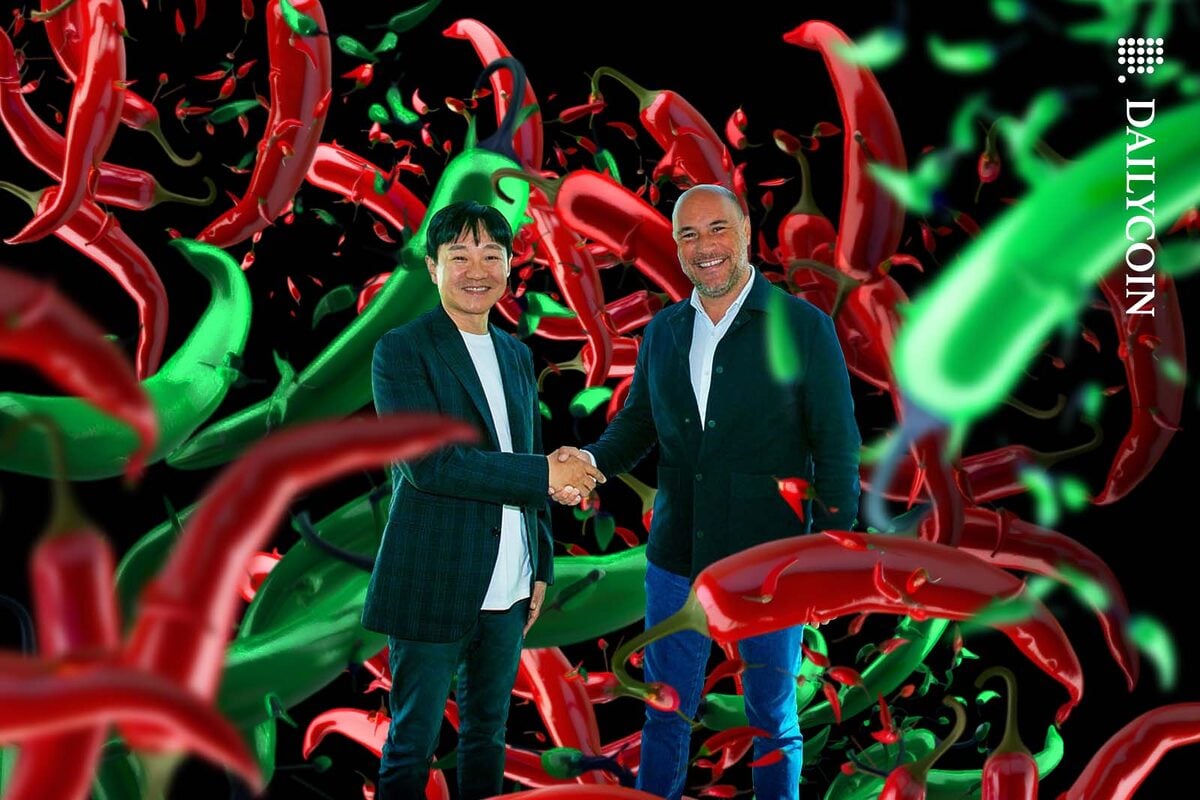 Naver Pay CEO Park Sang-jin and Chiliz CEO Alexandre Dreyfus shaking hands surrounded by red and green chillis.