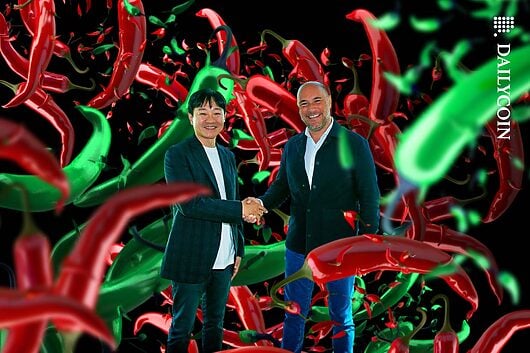 Naver Pay CEO Park Sang-jin and Chiliz CEO Alexandre Dreyfus shaking hands surrounded by red and green chillis.