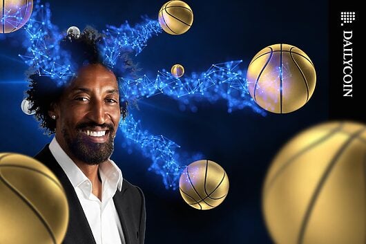 Scottie Pippen with golden basketballs coming out of his hair.