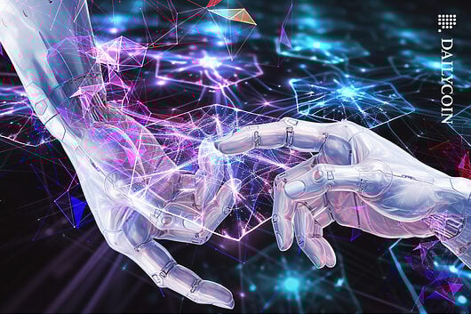 Two hands touching blockchain.