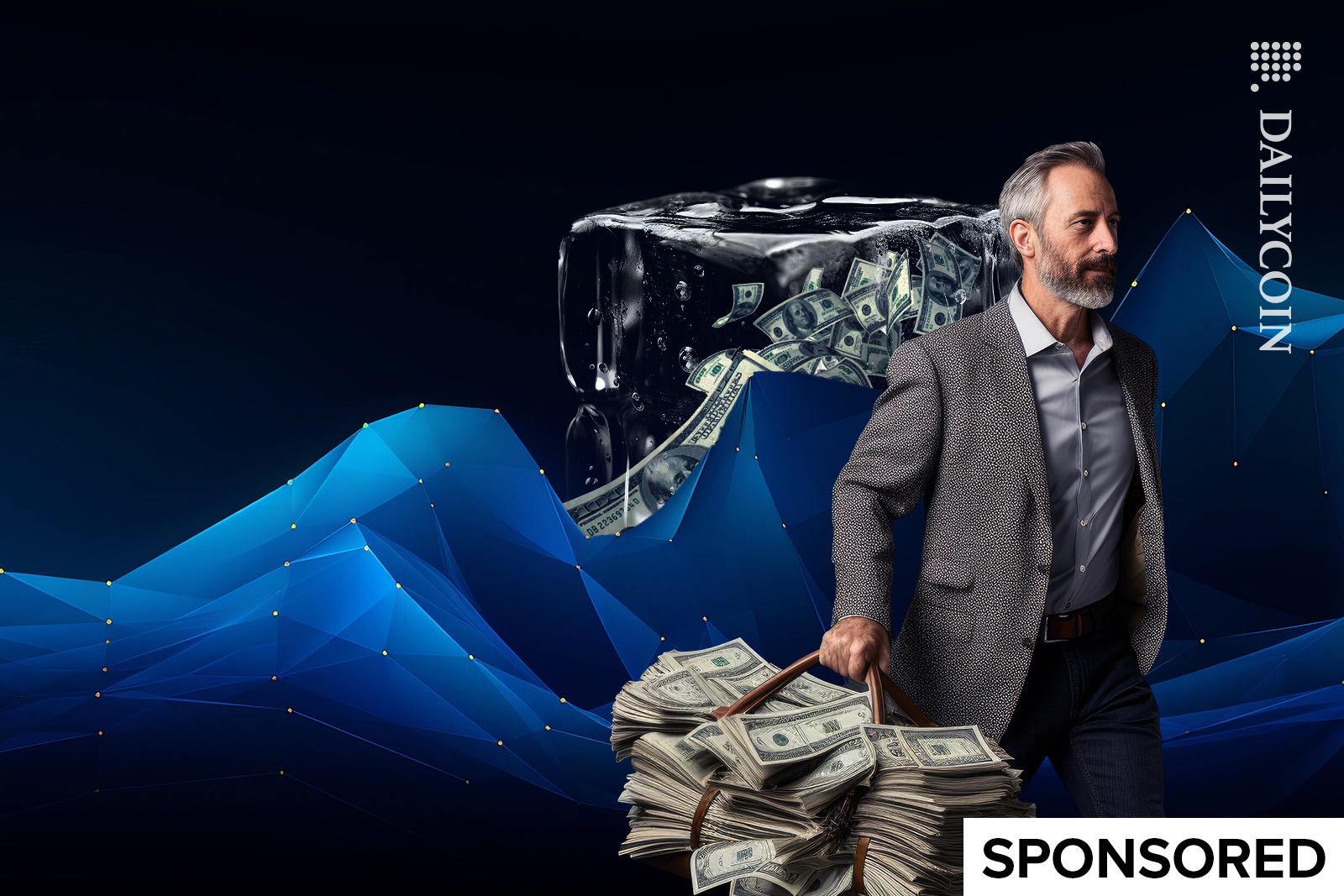 Man walking away with a huge pile of money, theres still a block of ice with cash frozen.