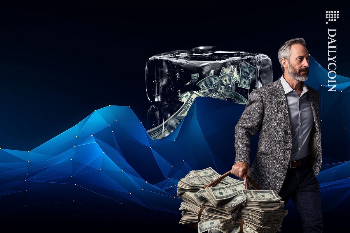 Man walking away with a huge pile of money, there is still a block of ice with cash frozen.