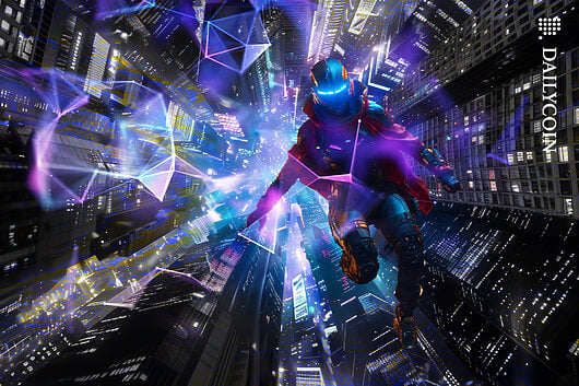 Cyber girl in air causing a glitch in the city and the defi network.
