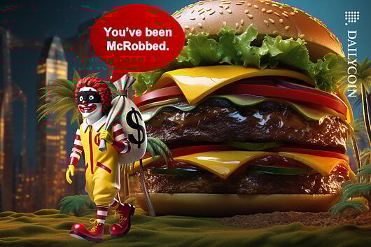 Criminal dressed as Mcdonald's Ronald Mcdonald saying ''you've been mcrobbed'' walking away from a huge burger in the city with a big money bag.