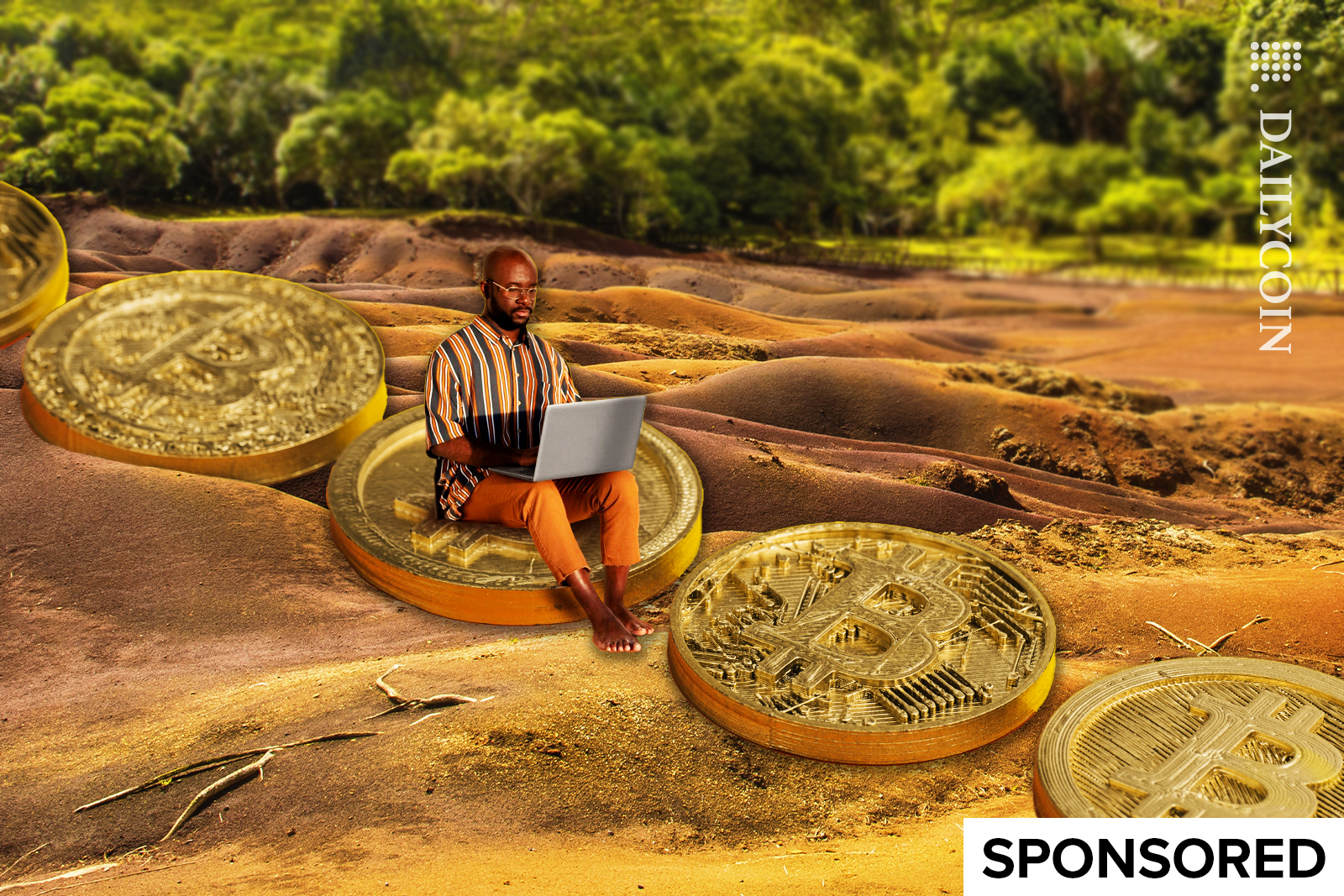A trader in Ghana sitting on bitcoins, on a coin path.