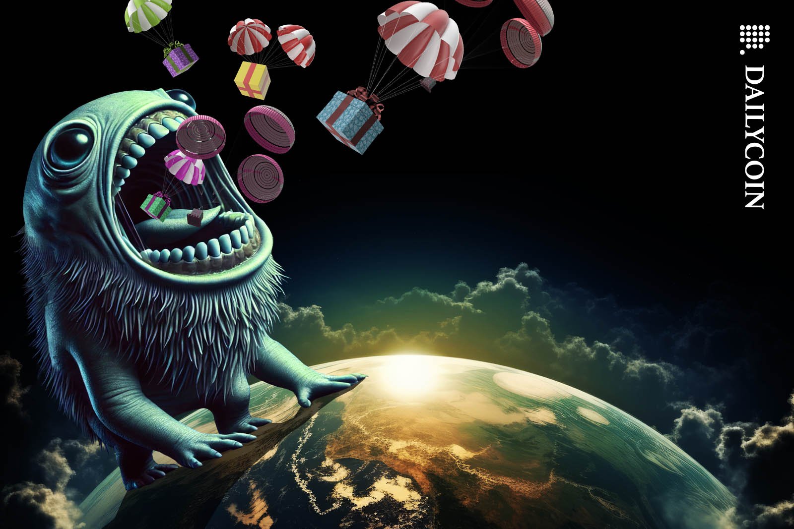 Giant airdrop eating monster standing on Earth with a huge open mouth, swallowing all the airdrops parachuting down towards earth.