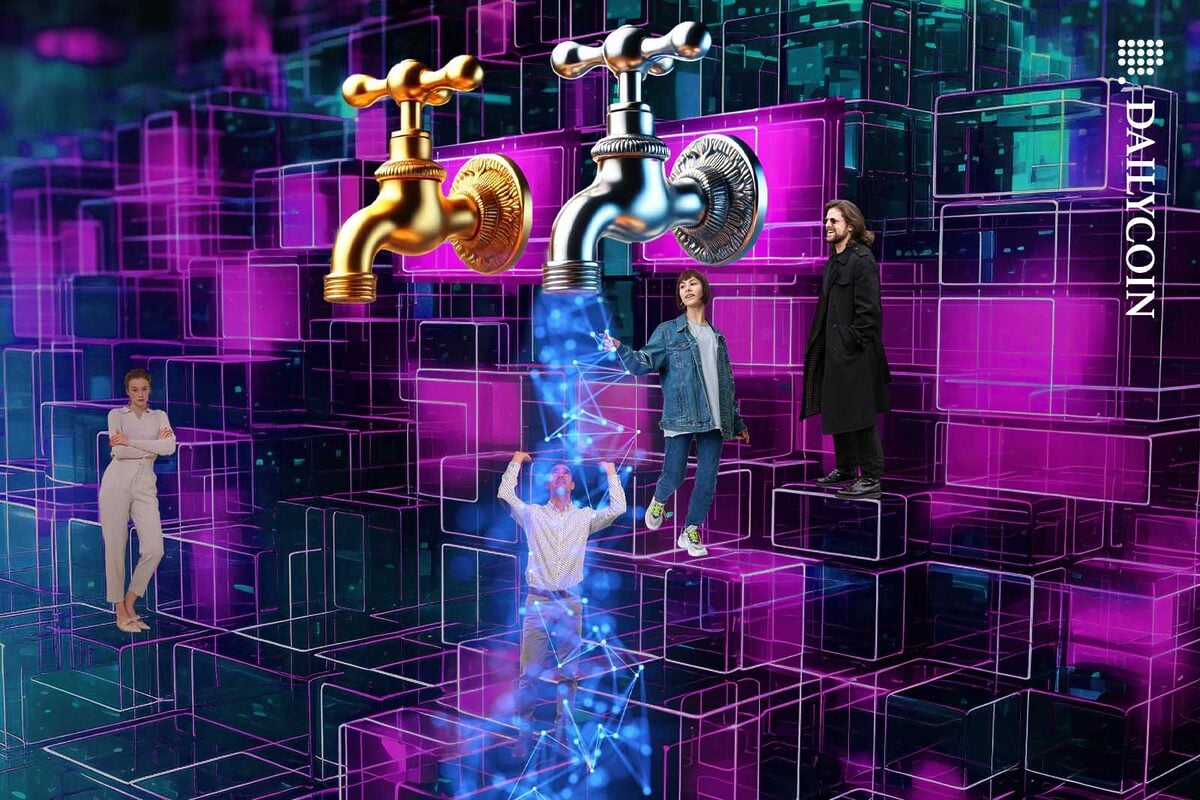 People watching two water taps in a digital environment.