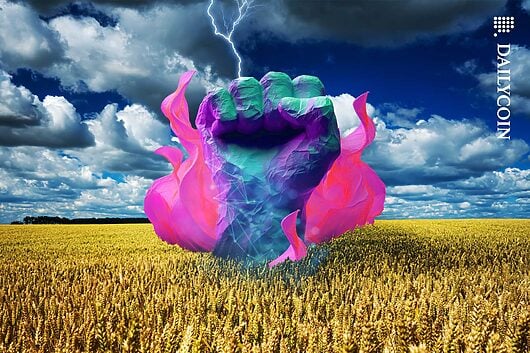 A big digital fist emerging from a barley field.