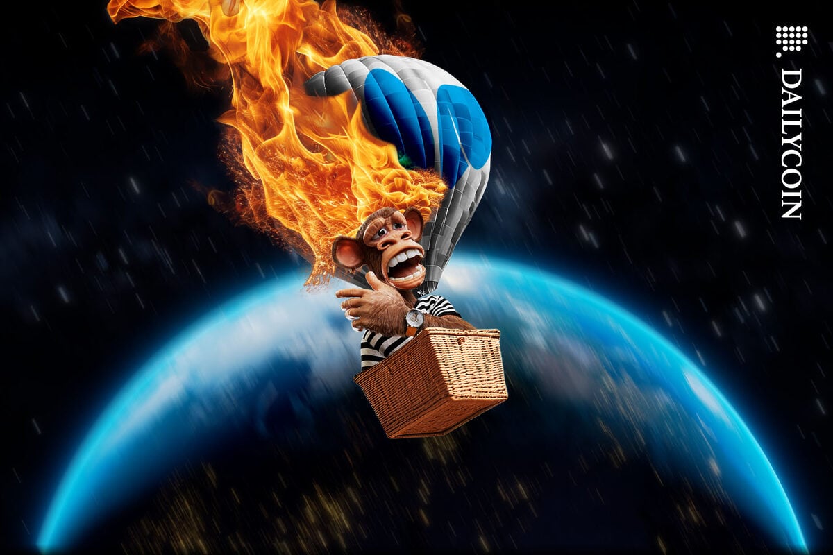 Bored ape falling with a burning air balloon through space towards Earth.