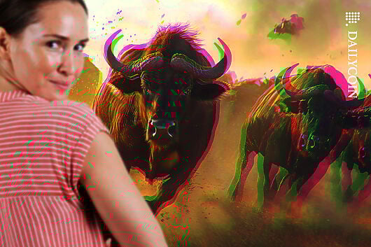 Pi Coin fan girl looking back at the camera with a smile as a herd of bulls charging towards her.