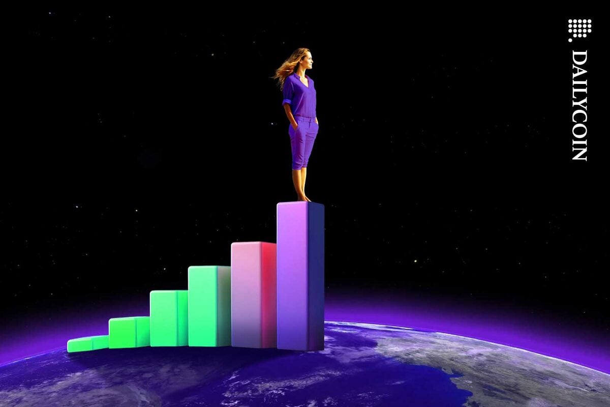 Woman standing on top of a positive bar chart, looking into the distance.