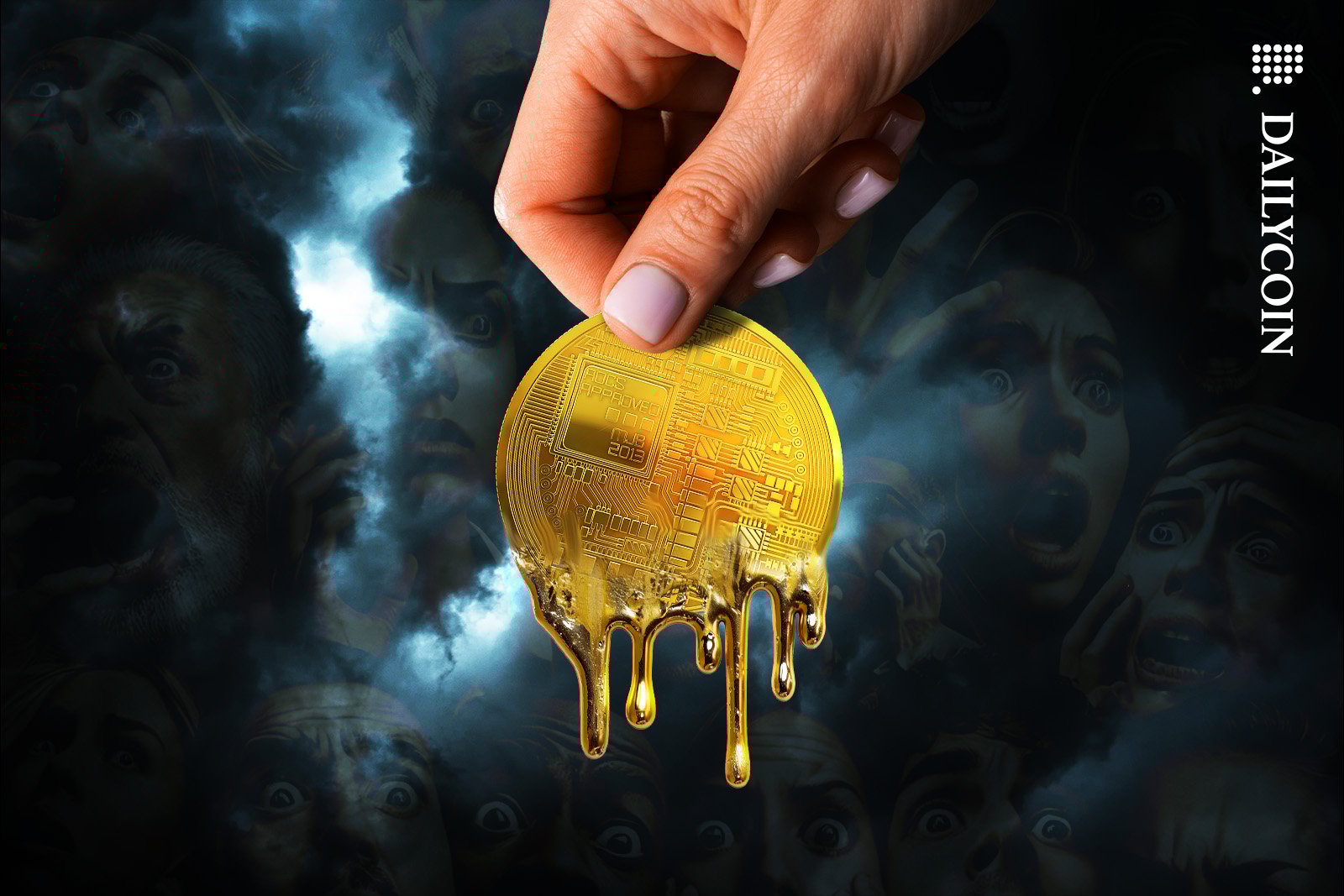 Hand holding a melting crypto coin, with panic and fear in the background.