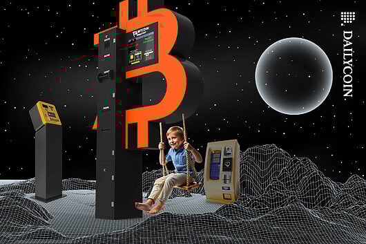 Little boy swinging on a Bitcoin ATM.