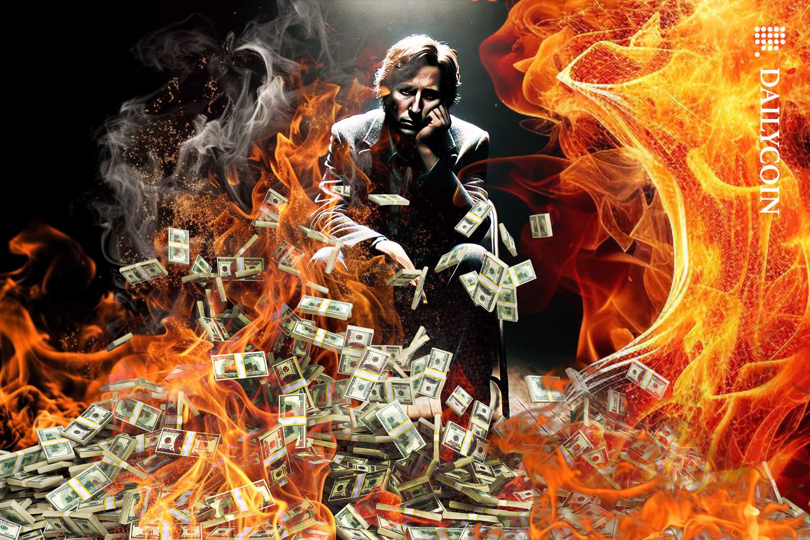 Depressed man sitting in font of a huge pile of burning money.