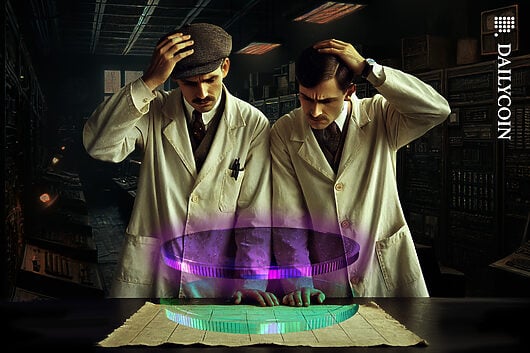 Two old fashioned scientists Staring at a digital coin with confusion.