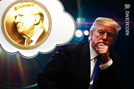 Trump thinking about a golden coin with his face on it.