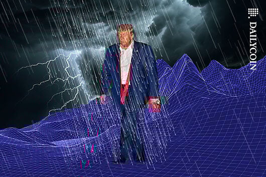 Trump appears to be sad as he is walking in heavy rain.